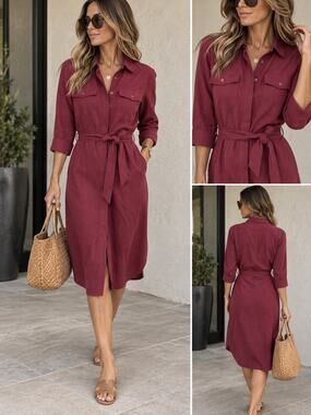 Pure Collection Silk Linen Blend 3/4 Sleeve Mini Shirt Dress Red Women's Size 4